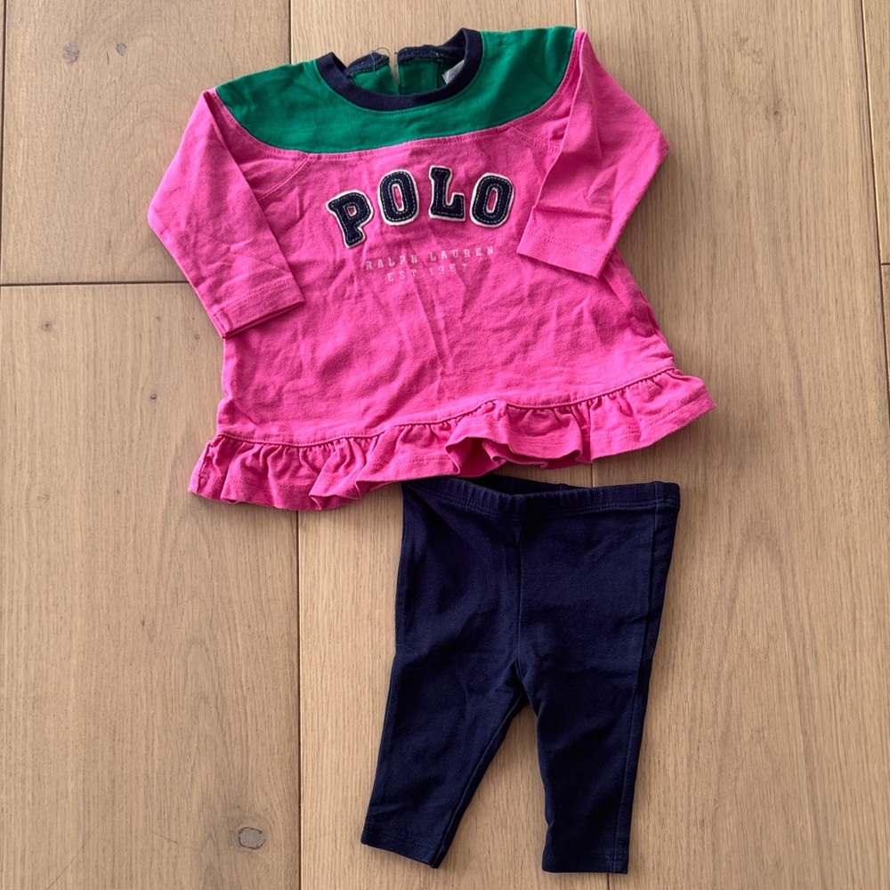 Ralph Lauren Pink & Green Long-Sleeve Ruffle Top with Navy Pants